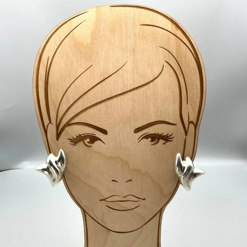 Vintage Sterling Silver Puffy Taxco Earrings, Abstract Modernist Design Clip Ons - Picture 3 of 6